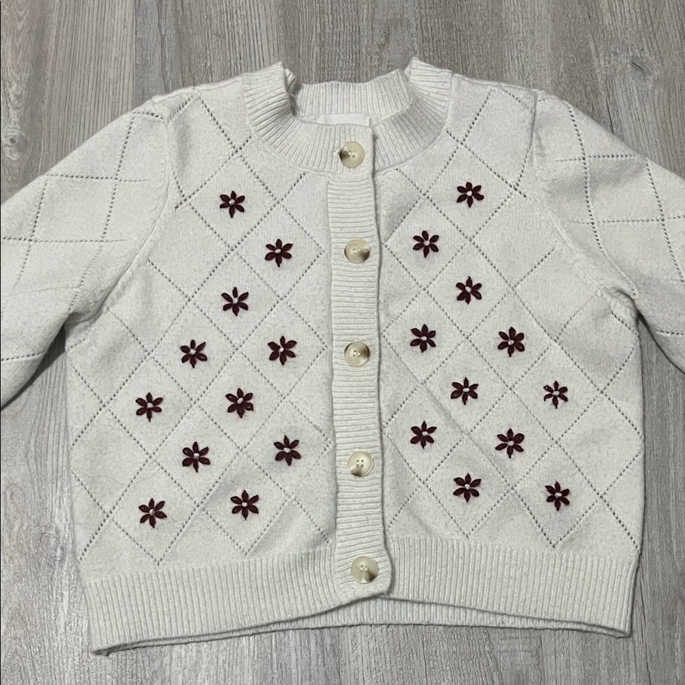 Cardigan w/ Burgundy Floral Embroidery Buttons Long Sleeve Sweater Plaid Stitch